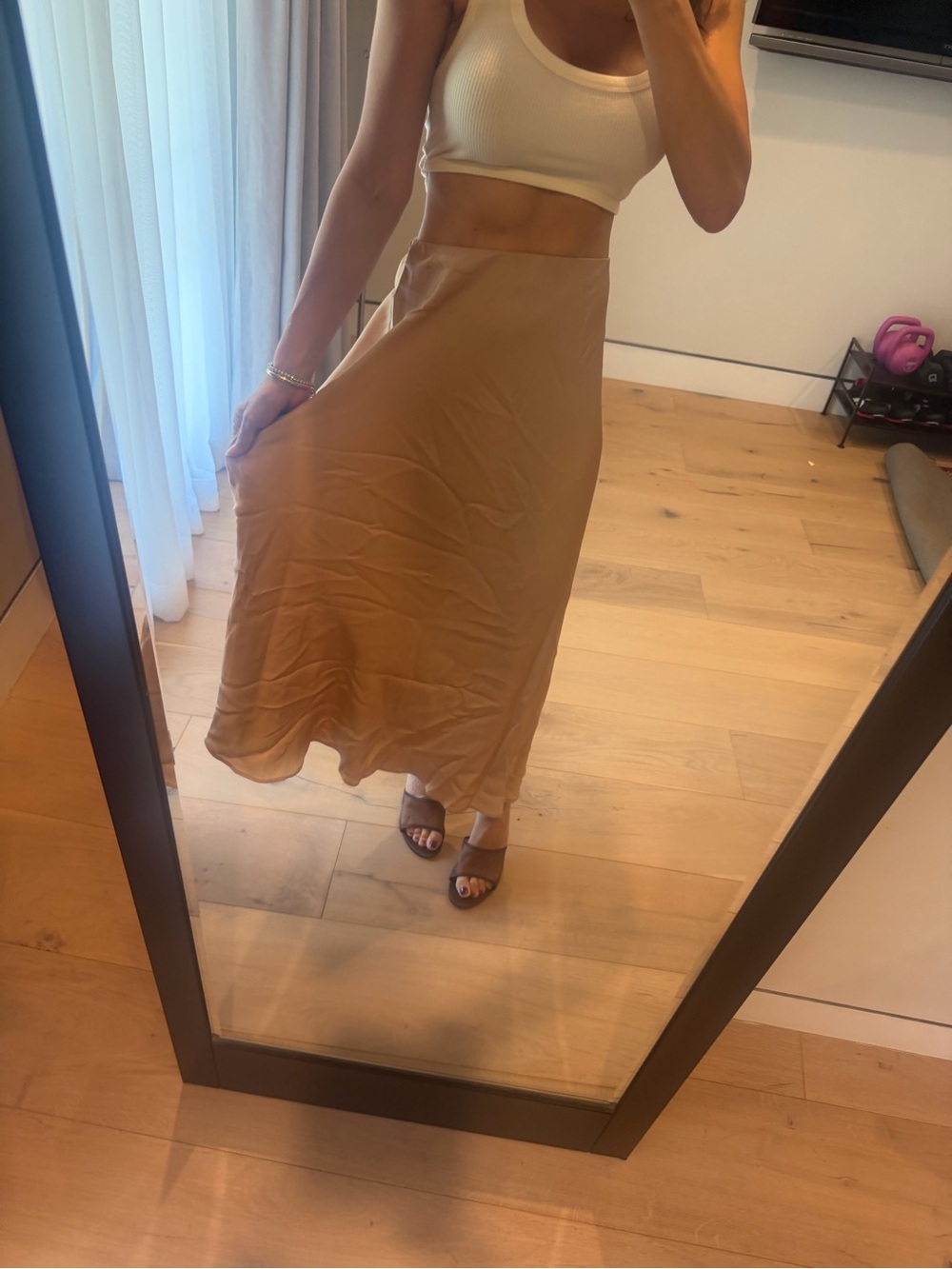 L'AGENCE Tan Satin Midi Skirt - Flowy Bias Cut